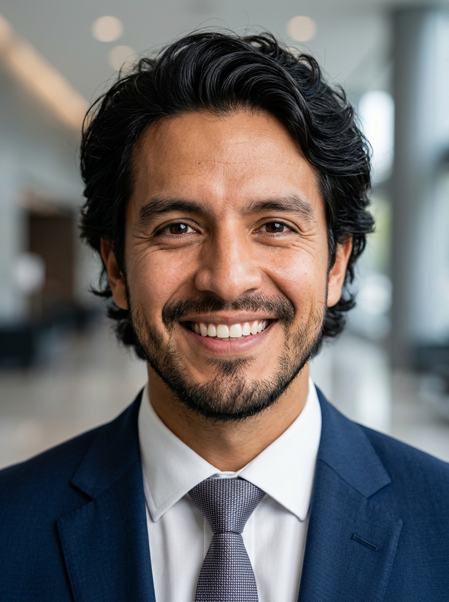 Professional AI LinkedIn headshot in Navy tailored suit on Lobby (corporate lobby)