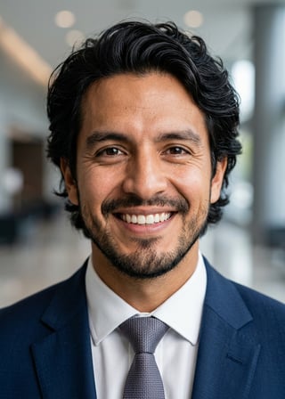 Professional AI LinkedIn headshot in Navy tailored suit on Lobby (corporate lobby)
