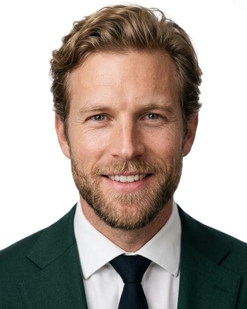 White / Pure White Studio · Dark green blazer outfit headshot example