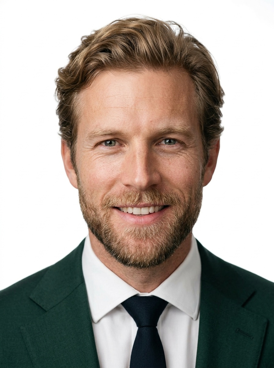 Professional AI LinkedIn headshot in Dark green blazer outfit on White / Pure White Studio