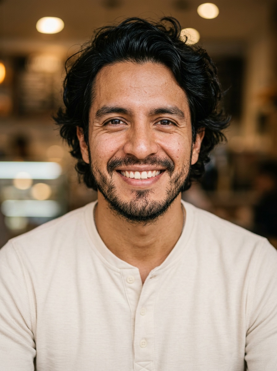 Professional AI LinkedIn headshot in Cream long-sleeve henley on Cafe (warm professional)