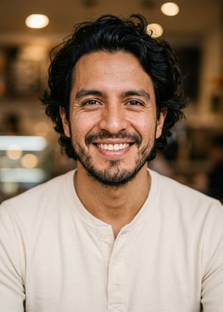 Professional AI LinkedIn headshot in Cream long-sleeve henley on Cafe (warm professional)