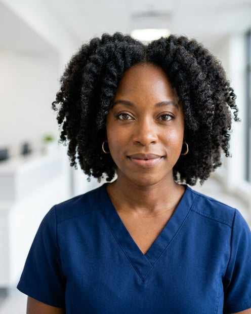 Hospital Corridor · Navy Scrubs headshot example