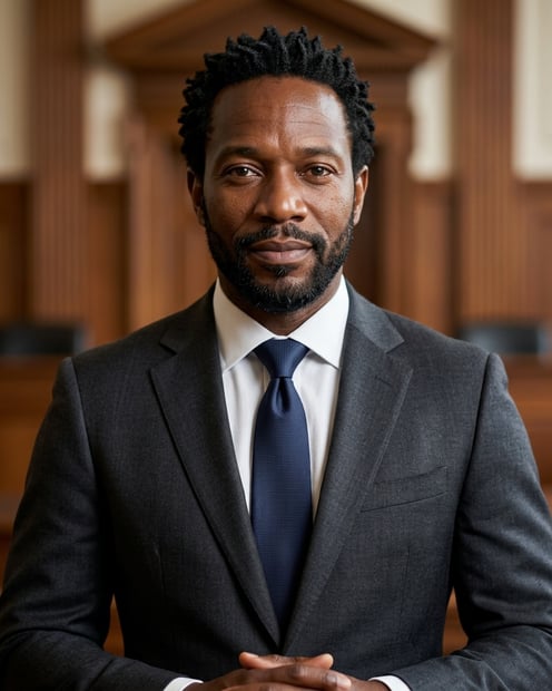 Blurred Courtroom · Dark Litigation Suit headshot example