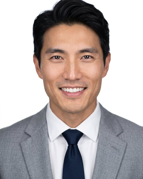 White / Pure White Studio · Light gray blazer headshot example