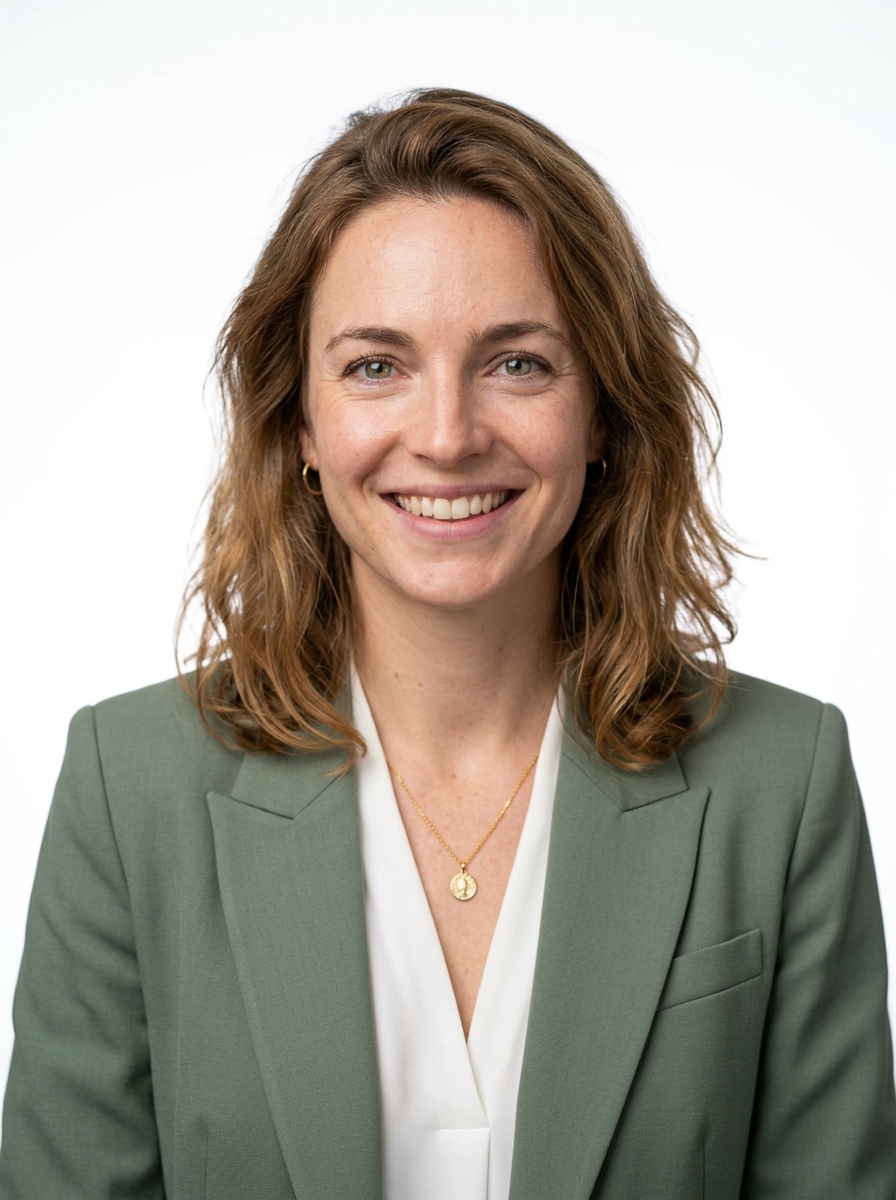 Professional AI LinkedIn headshot in Sage green blazer with white blouse (2026 trend) on White / Pure White Studio