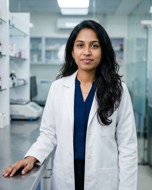 Clean Hospital Pharmacy · Hospital Pharmacist White Coat headshot example