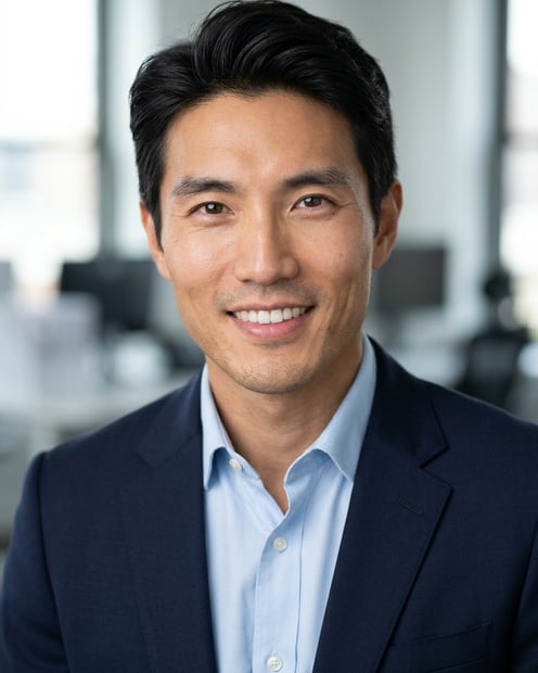 Office / Modern Office Workspace · Navy blazer with light blue shirt headshot example