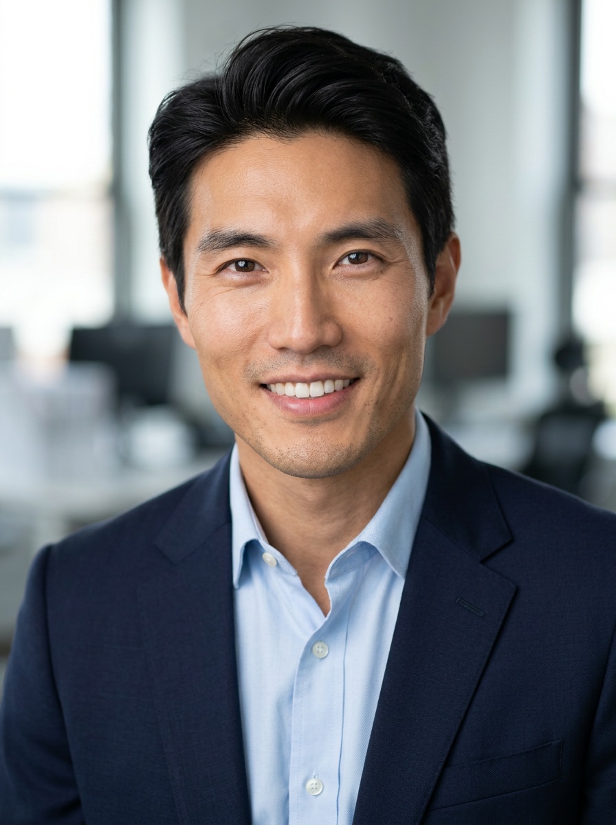 Professional AI LinkedIn headshot in Navy blazer with light blue shirt on Office / Modern Office Workspace
