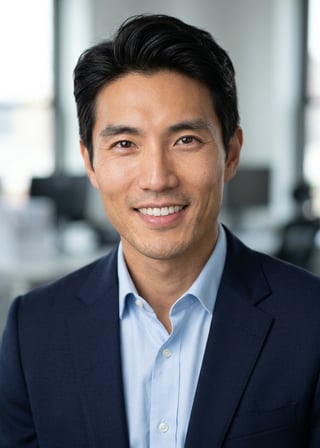 Professional AI LinkedIn headshot in Navy blazer with light blue shirt on Office / Modern Office Workspace