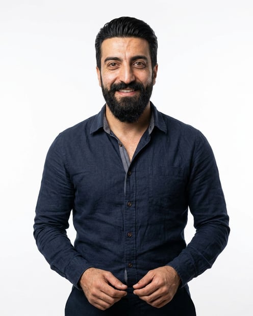 Soft White · Navy Button-Up headshot example