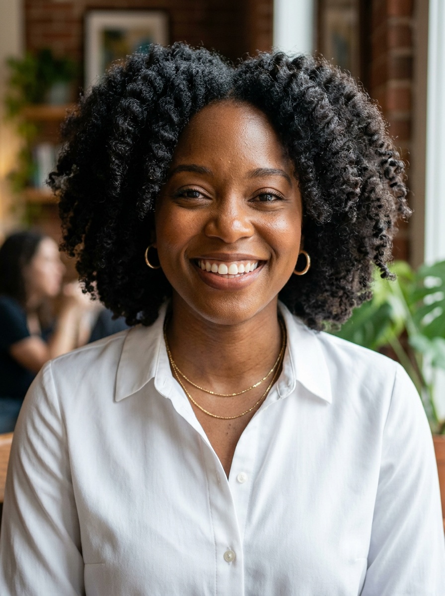 Professional AI LinkedIn headshot in White button-up shirt on Cafe (warm professional)