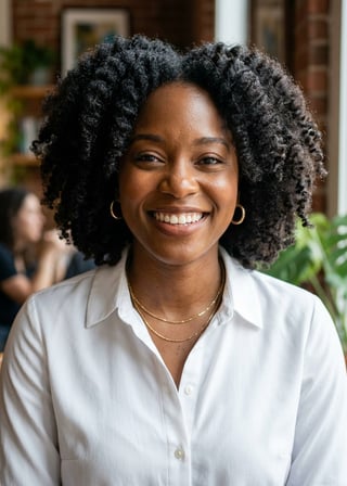 Professional AI LinkedIn headshot in White button-up shirt on Cafe (warm professional)