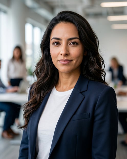 Office / Modern Office Workspace · Open navy blazer over simple white tee headshot example