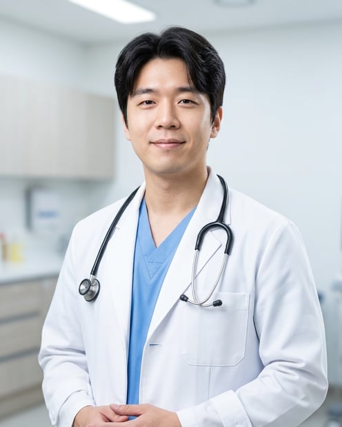 Modern Exam Room · White Coat over Scrubs headshot example