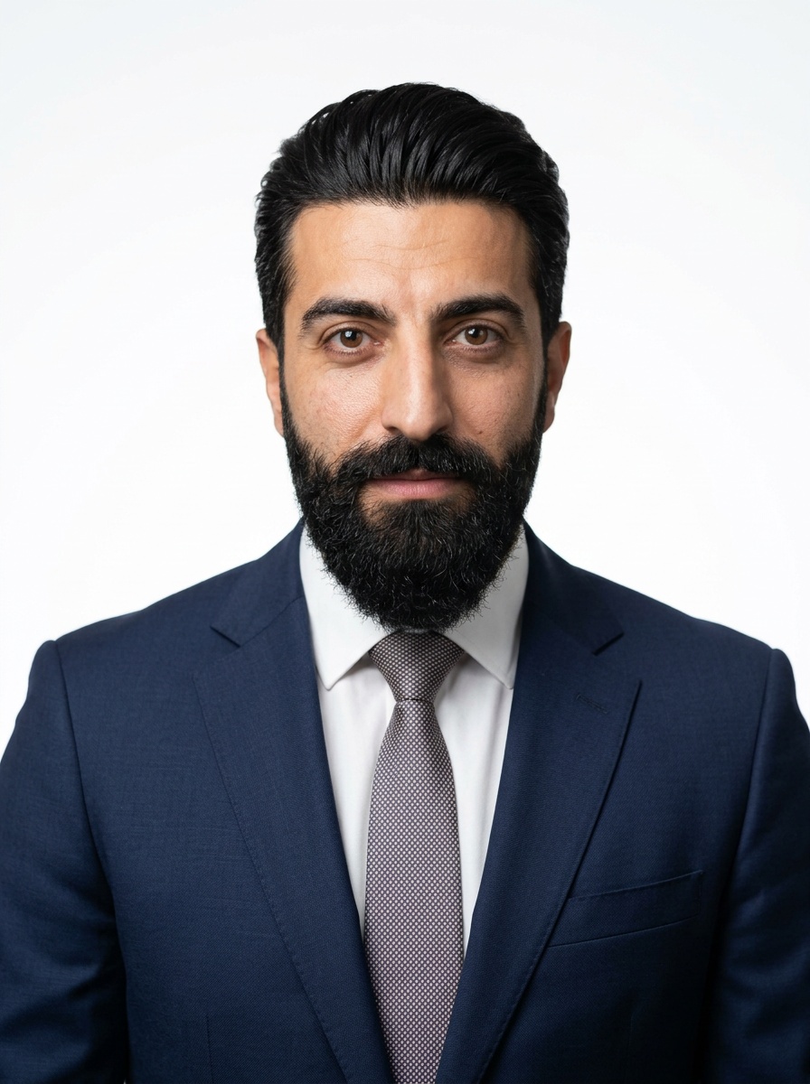 Professional AI LinkedIn headshot in Dark blue tailored suit on White / Pure White Studio