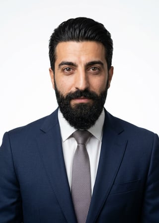 Professional AI LinkedIn headshot in Dark blue tailored suit on White / Pure White Studio