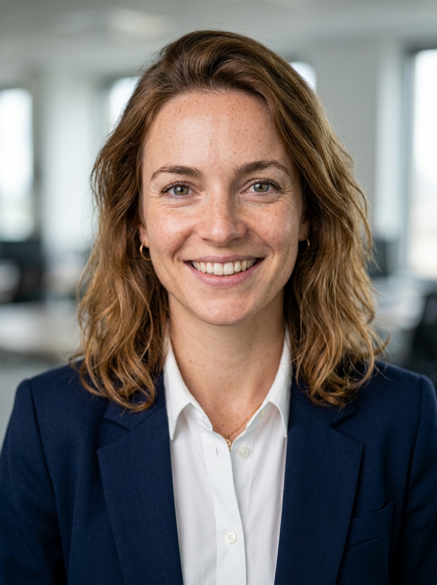 Professional AI LinkedIn headshot in White button-up shirt on Office / Modern Office Workspace
