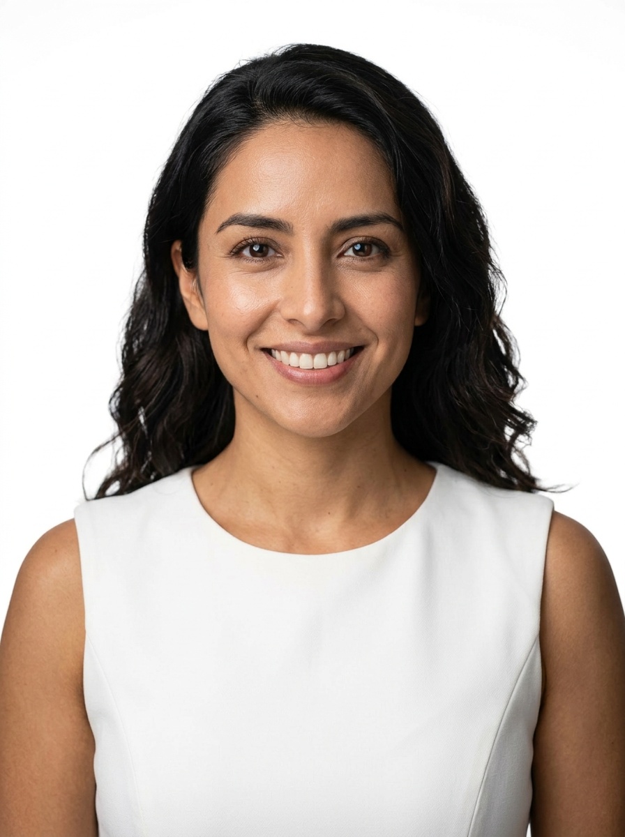 Professional AI LinkedIn headshot in White sheath dress on White / Pure White Studio