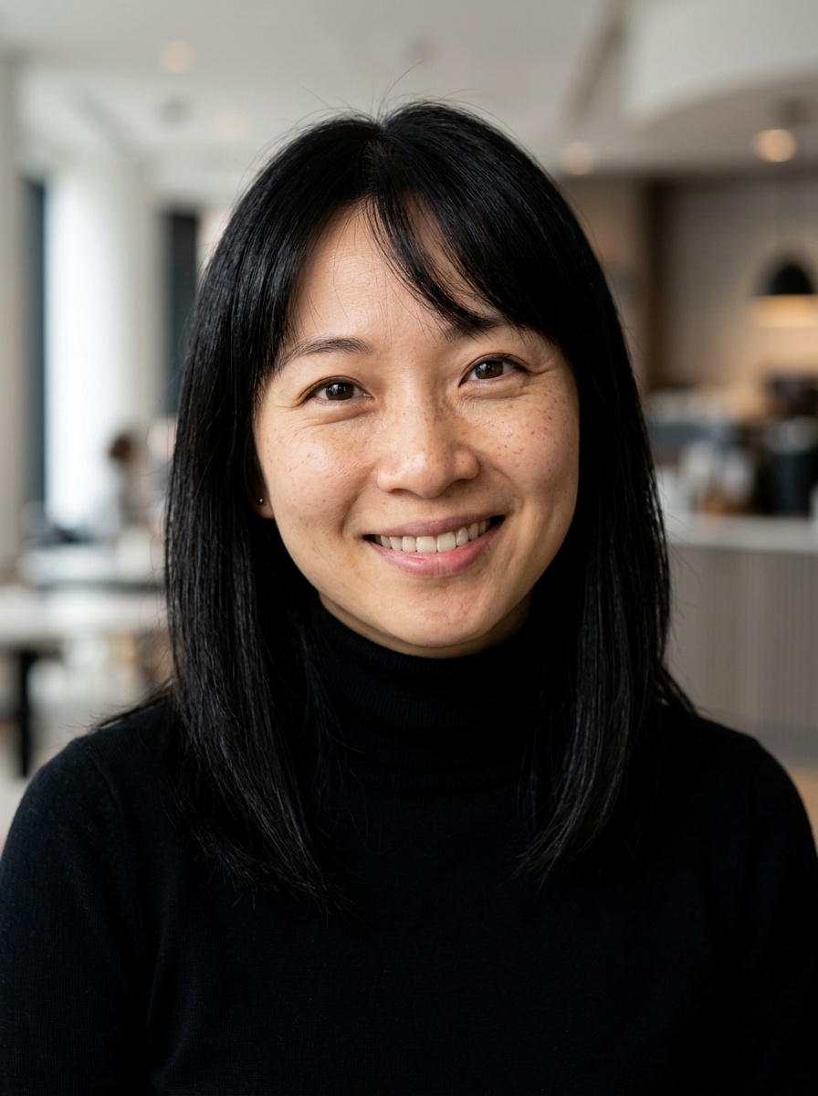 Professional AI LinkedIn headshot in Fitted black turtleneck on Cafe (warm professional)