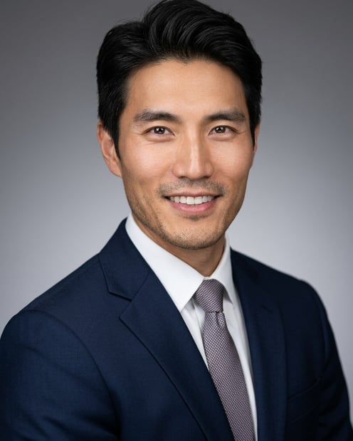 Neutral Gradient / Light Grey · Dark blue tailored suit headshot example