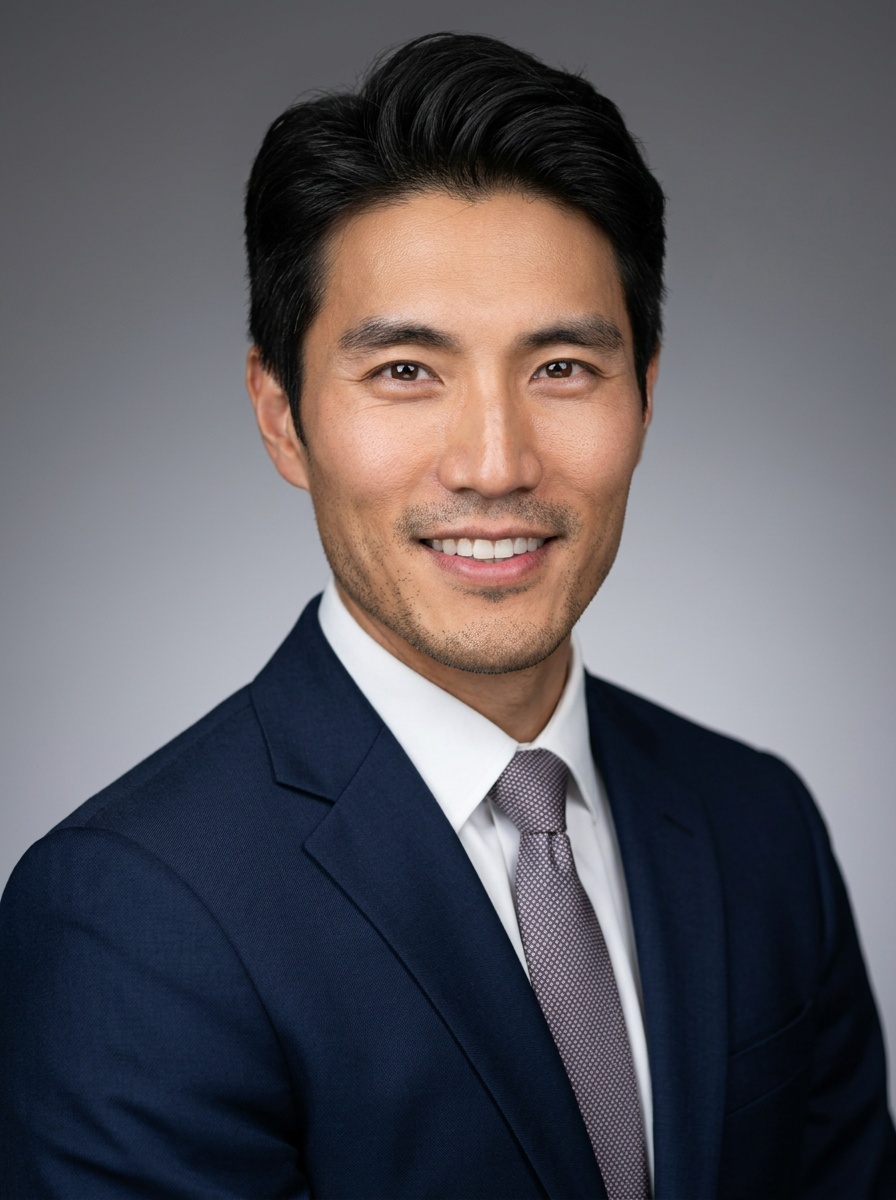 Professional AI LinkedIn headshot in Dark blue tailored suit on Neutral Gradient / Light Grey