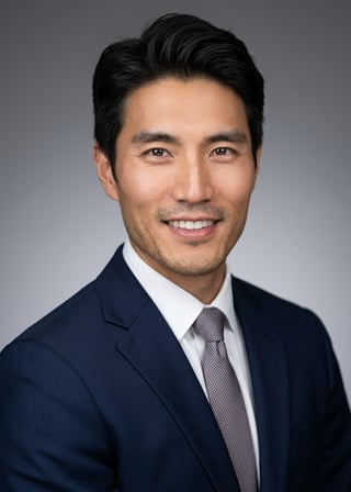 Professional AI LinkedIn headshot in Dark blue tailored suit on Neutral Gradient / Light Grey
