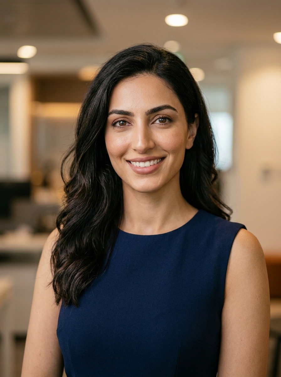 Professional AI LinkedIn headshot in Navy blue sleeveless dress on Office Workspace (variant)