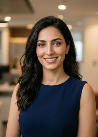 Professional AI LinkedIn headshot in Navy blue sleeveless dress on Office Workspace (variant)