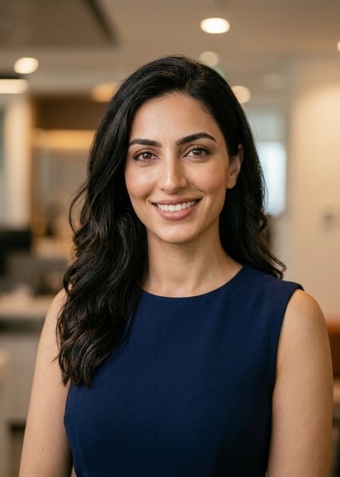 Professional AI LinkedIn headshot in Navy blue sleeveless dress on Office Workspace (variant)