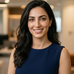 Professional AI LinkedIn headshot in Navy blue sleeveless dress on Office Workspace (variant)
