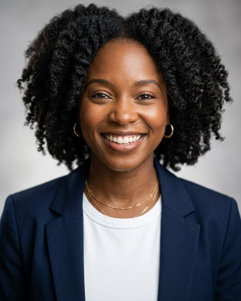 Neutral Gradient / Light Grey · Open navy blazer over simple white tee headshot example