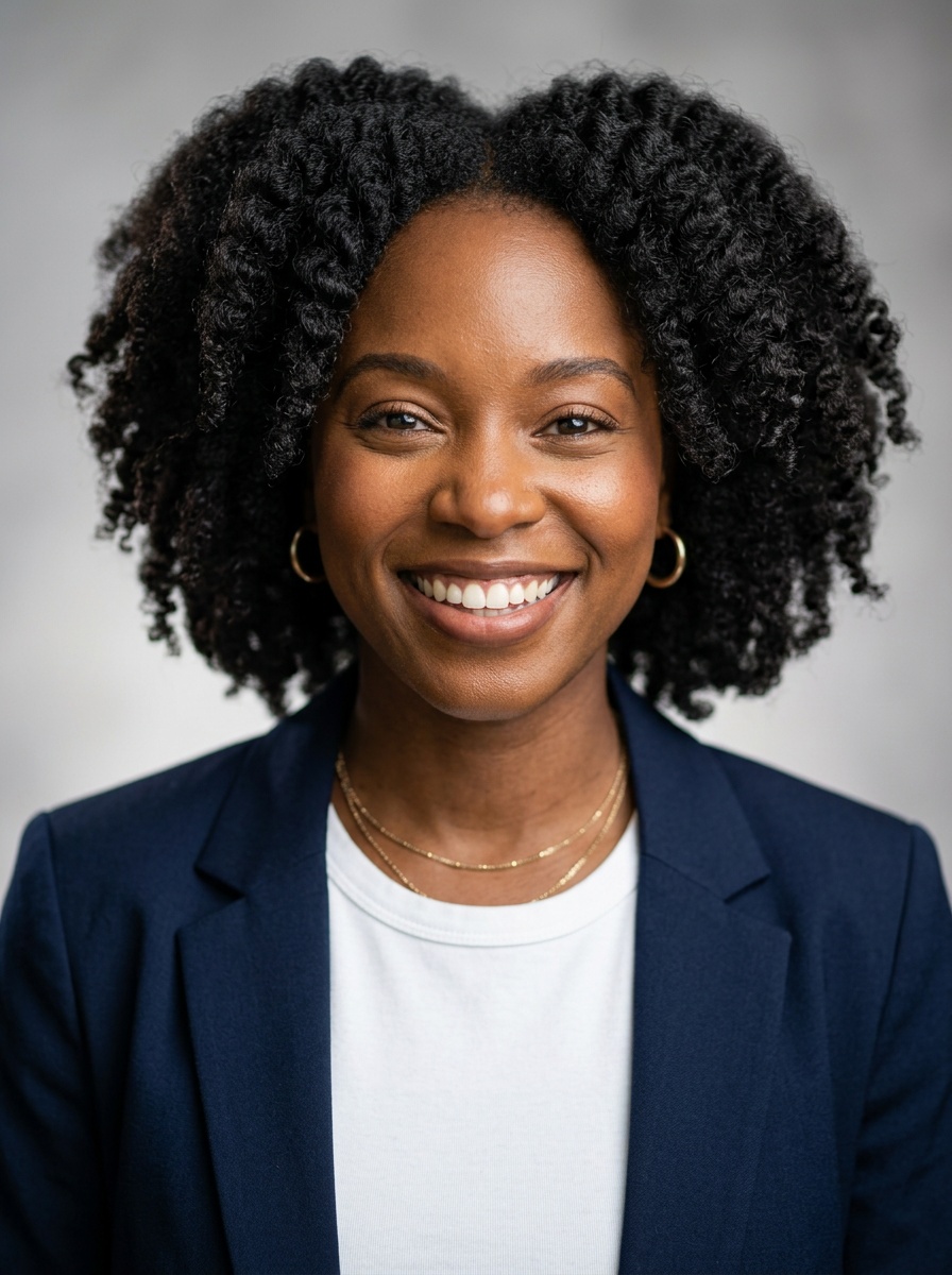 Professional AI LinkedIn headshot in Open navy blazer over simple white tee (tech-casual) on Neutral Gradient / Light Grey