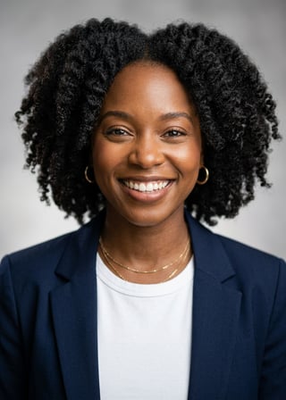 Professional AI LinkedIn headshot in Open navy blazer over simple white tee (tech-casual) on Neutral Gradient / Light Grey