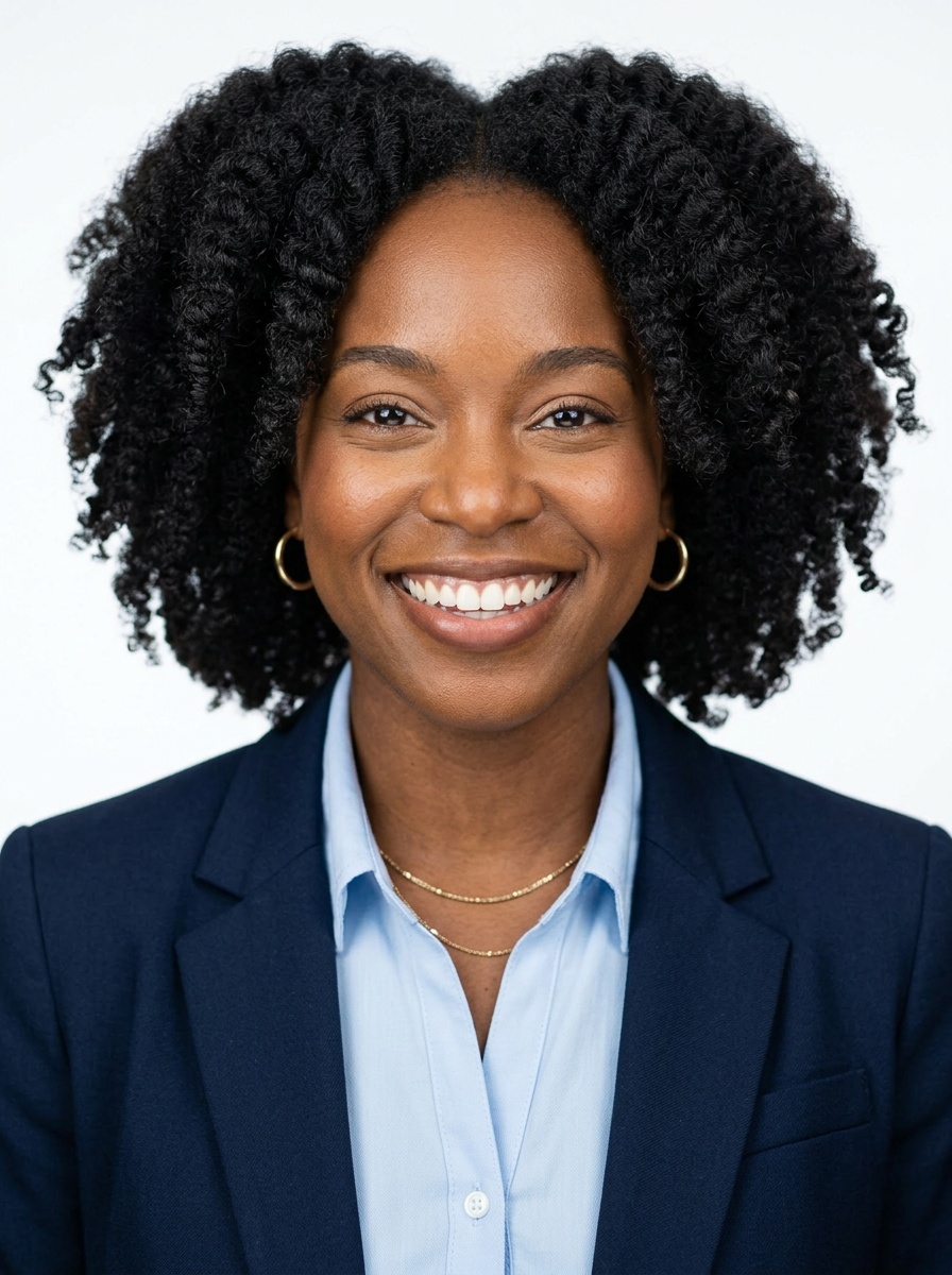 Professional AI LinkedIn headshot in Navy blazer with light blue shirt on White / Pure White Studio