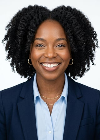 Professional AI LinkedIn headshot in Navy blazer with light blue shirt on White / Pure White Studio