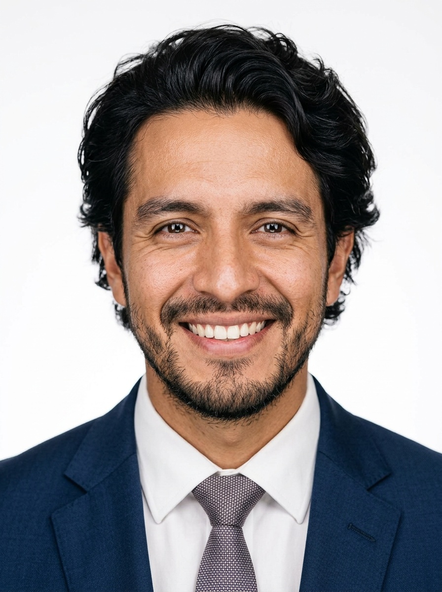Professional AI LinkedIn headshot in Dark blue tailored suit on White / Pure White Studio