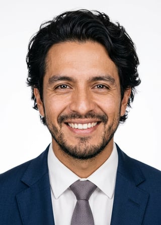 Professional AI LinkedIn headshot in Dark blue tailored suit on White / Pure White Studio