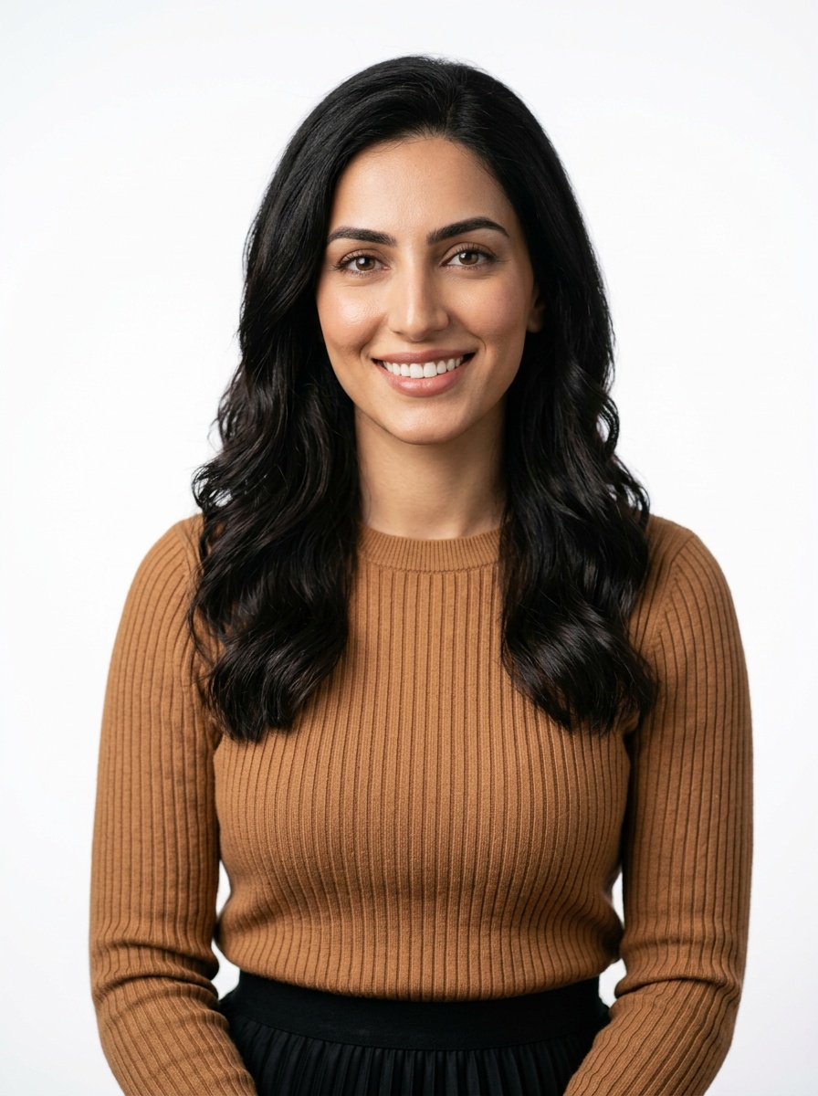 Professional AI LinkedIn headshot in Caramel ribbed knit sweater + black pleated skirt on White / Pure White Studio