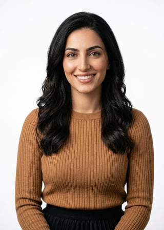 Professional AI LinkedIn headshot in Caramel ribbed knit sweater + black pleated skirt on White / Pure White Studio