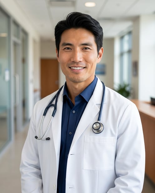 Light Grey Gradient Studio · Physician White Coat headshot example