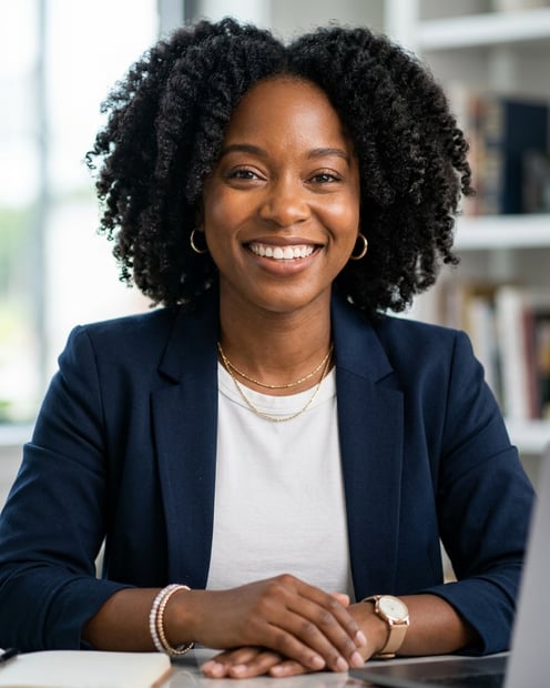 Office / Modern Office Workspace · Open navy blazer over simple white tee headshot example