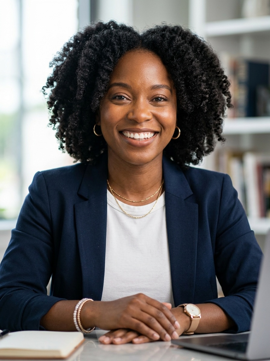 Professional AI LinkedIn headshot in Open navy blazer over simple white tee (tech-casual) on Office / Modern Office Workspace