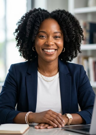 Professional AI LinkedIn headshot in Open navy blazer over simple white tee (tech-casual) on Office / Modern Office Workspace