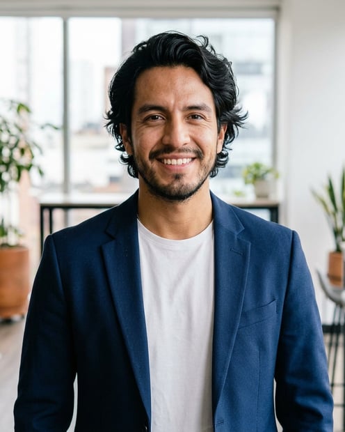 Window · Open navy blazer over simple white tee headshot example