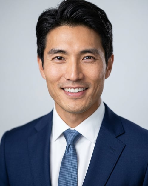 White / Pure White Studio · Navy blazer with light blue shirt headshot example
