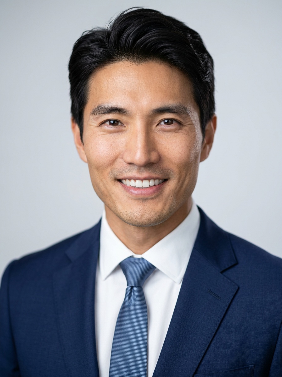Professional AI LinkedIn headshot in Navy blazer with light blue shirt on White / Pure White Studio