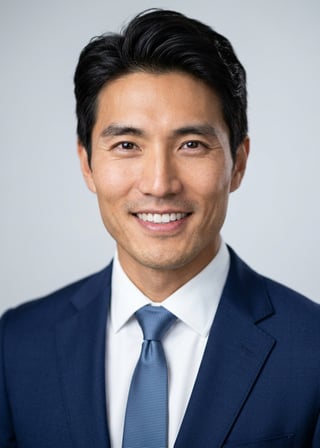 Professional AI LinkedIn headshot in Navy blazer with light blue shirt on White / Pure White Studio