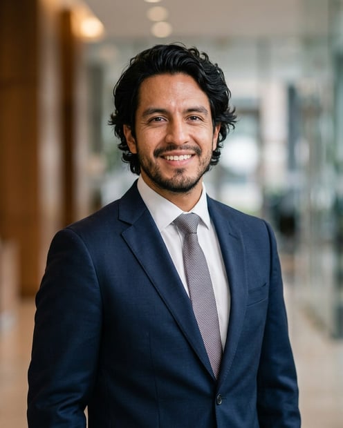 Corporate Lobby · Navy Suit headshot example