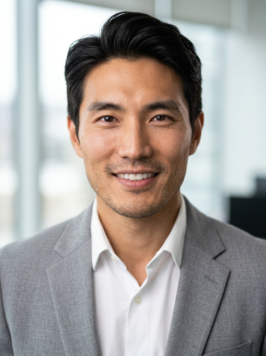 Professional AI LinkedIn headshot in Light gray blazer on Office / Modern Office Workspace